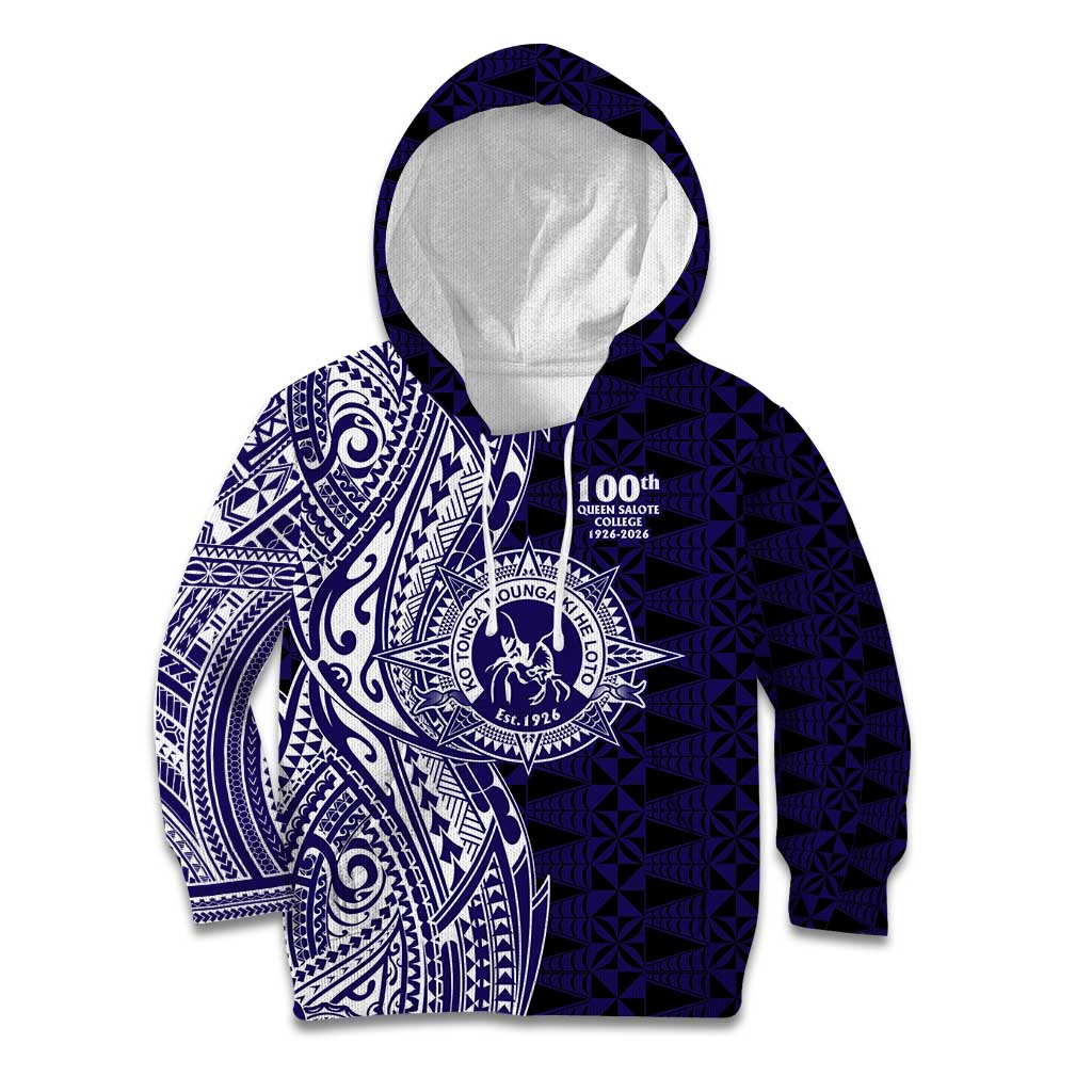 Tonga Queen Salote College 100th Years Kid Hoodie Blue Tonga Kupesi Uniquely Pacific Art - Polynesian Pride