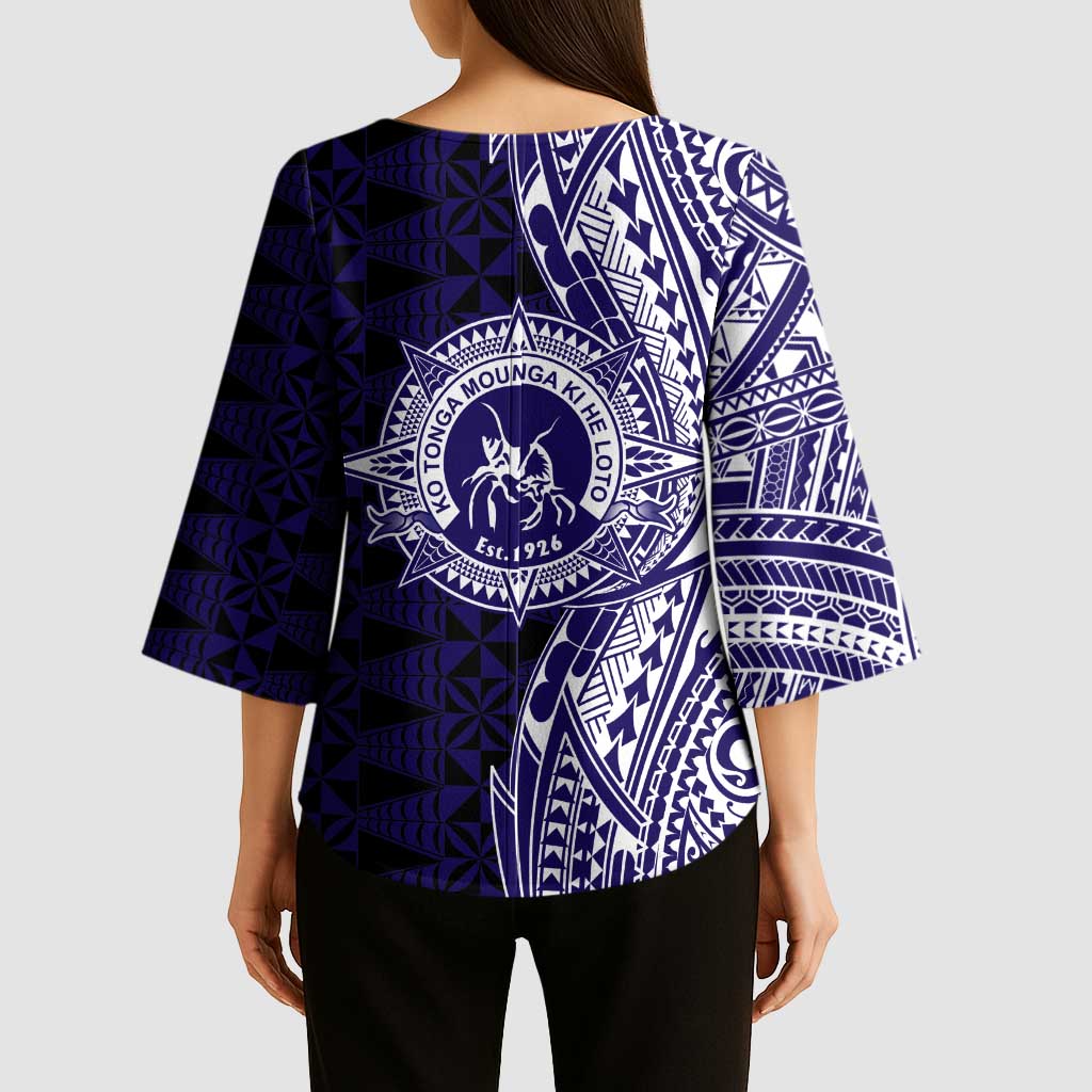 Tonga Queen Salote College 100th Years Kimono Sleeve Blouse Blue Tonga Kupesi Uniquely Pacific Art - Polynesian Pride