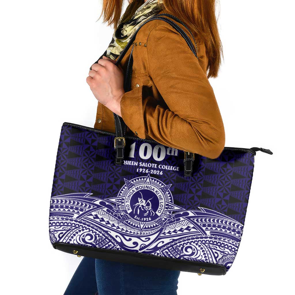 Tonga Queen Salote College 100th Years Leather Tote Bag Blue Tonga Kupesi Uniquely Pacific Art - Polynesian Pride