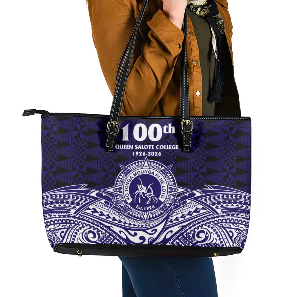 Tonga Queen Salote College 100th Years Leather Tote Bag Blue Tonga Kupesi Uniquely Pacific Art - Polynesian Pride