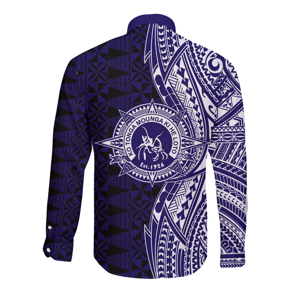 Tonga Queen Salote College 100th Years Long Sleeve Button Shirt Blue Tonga Kupesi Uniquely Pacific Art - Polynesian Pride