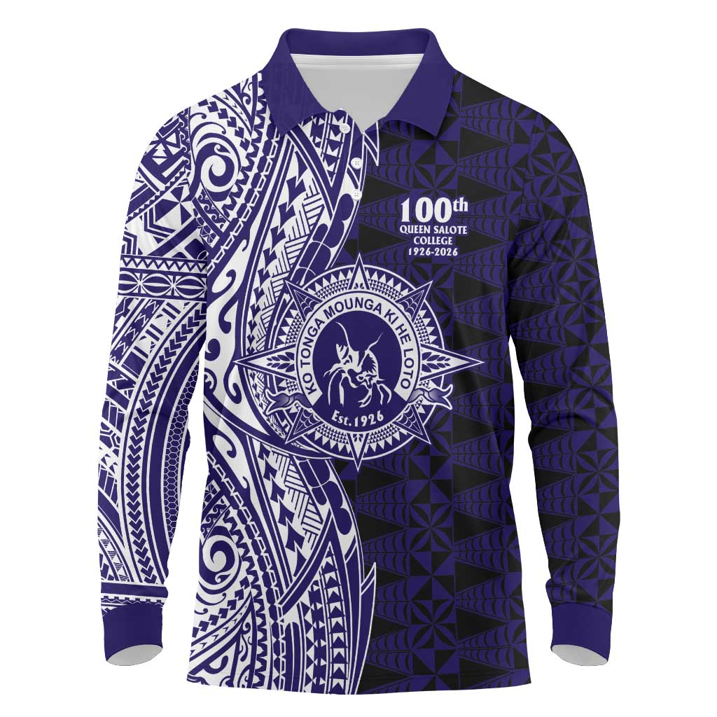 Tonga Queen Salote College 100th Years Long Sleeve Polo Shirt Blue Tonga Kupesi Uniquely Pacific Art - Polynesian Pride