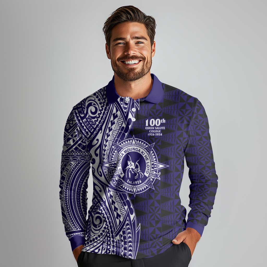 Tonga Queen Salote College 100th Years Long Sleeve Polo Shirt Blue Tonga Kupesi Uniquely Pacific Art - Polynesian Pride