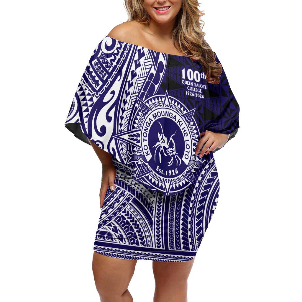 Tonga Queen Salote College 100th Years Off Shoulder Short Dress Blue Tonga Kupesi Uniquely Pacific Art - Polynesian Pride