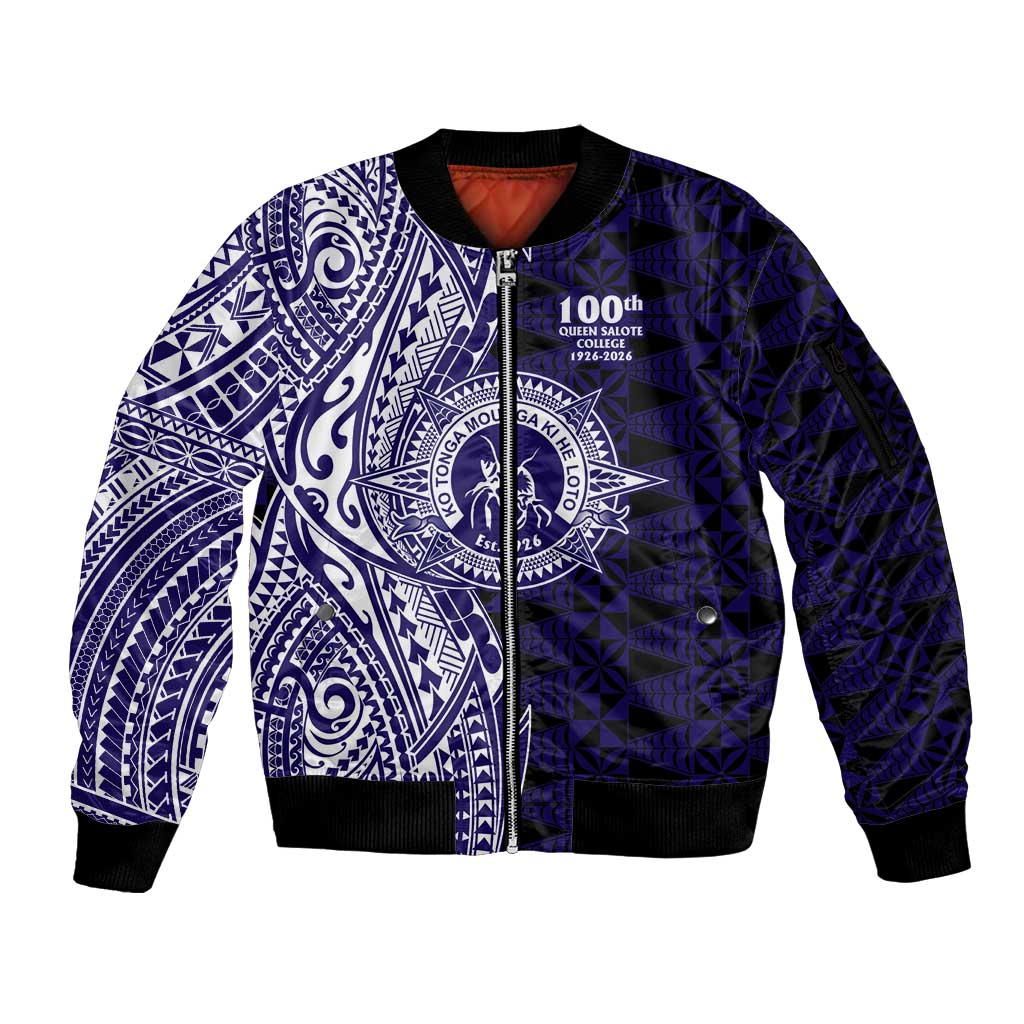 Tonga Queen Salote College 100th Years Sleeve Zip Bomber Jacket Blue Tonga Kupesi Uniquely Pacific Art - Polynesian Pride