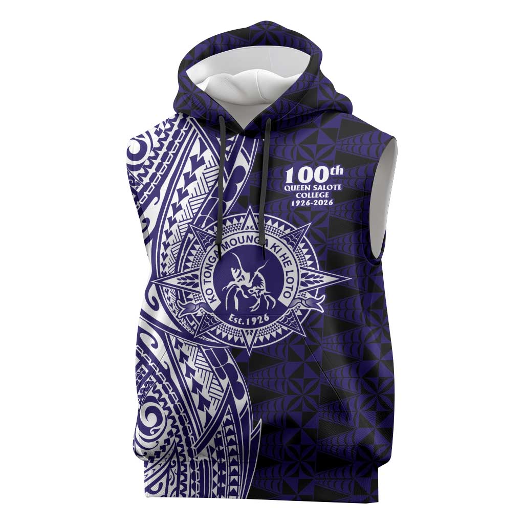 Tonga Queen Salote College 100th Years Sleeveless Hoodie Blue Tonga Kupesi Uniquely Pacific Art - Polynesian Pride