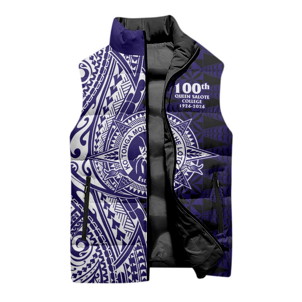 Tonga Queen Salote College 100th Years Sleeveless Puffer Jacket Blue Tonga Kupesi Uniquely Pacific Art - Polynesian Pride