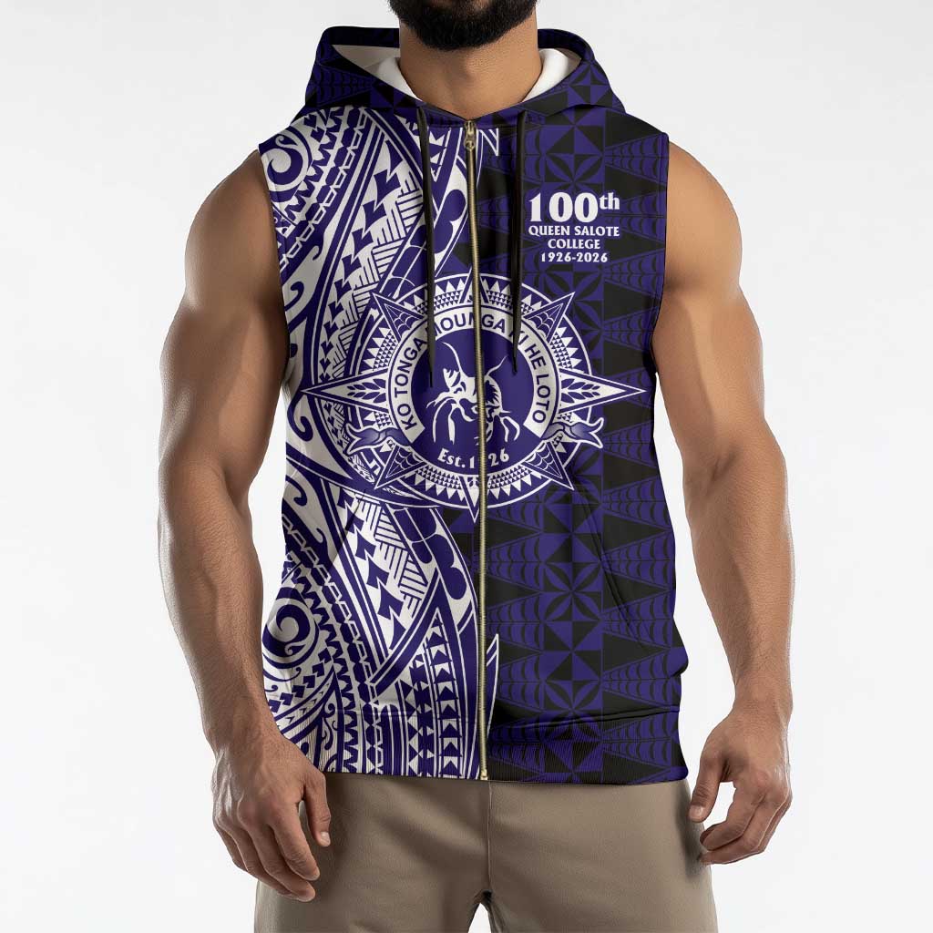 Tonga Queen Salote College 100th Years Sleeveless Zip Hoodie Blue Tonga Kupesi Uniquely Pacific Art - Polynesian Pride