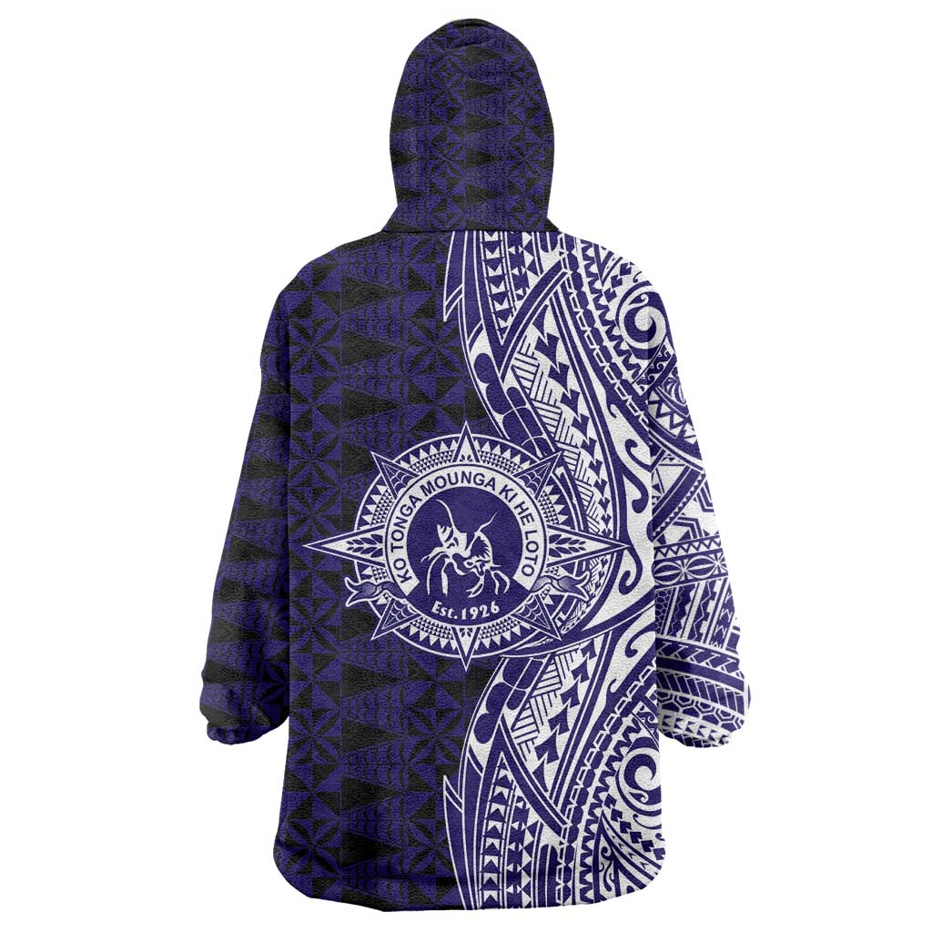 Tonga Queen Salote College 100th Years Wearable Blanket Hoodie Blue Tonga Kupesi Uniquely Pacific Art - Polynesian Pride