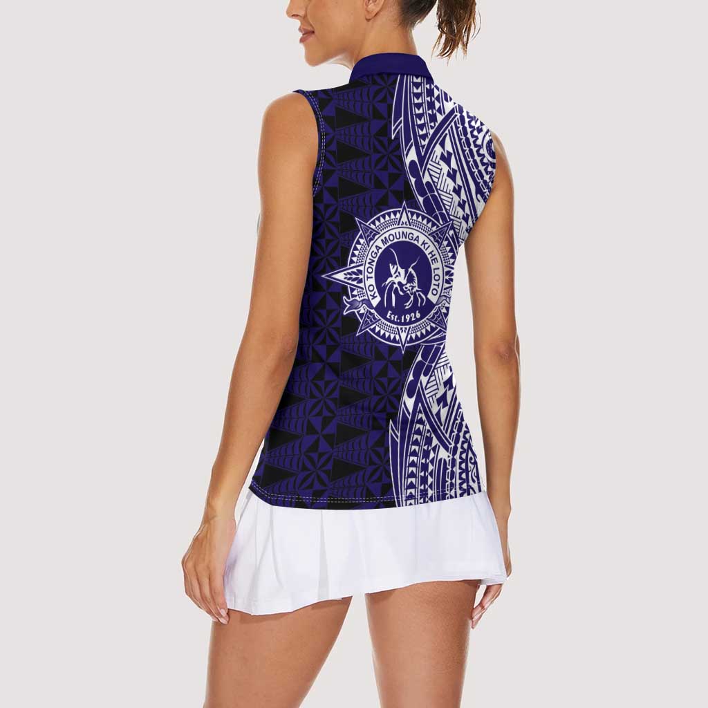 Tonga Queen Salote College 100th Years Women Sleeveless Polo Shirt Blue Tonga Kupesi Uniquely Pacific Art - Polynesian Pride