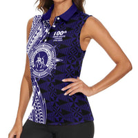 Tonga Queen Salote College 100th Years Women Sleeveless Polo Shirt Blue Tonga Kupesi Uniquely Pacific Art - Polynesian Pride