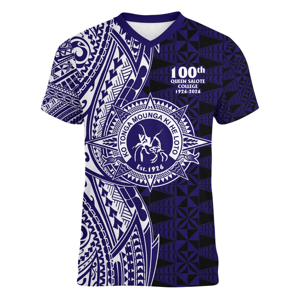 Tonga Queen Salote College 100th Years Women V-Neck T-Shirt Blue Tonga Kupesi Uniquely Pacific Art - Polynesian Pride