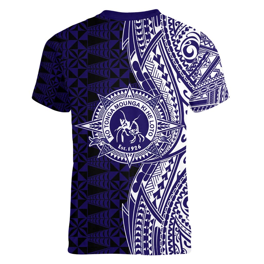 Tonga Queen Salote College 100th Years Women V-Neck T-Shirt Blue Tonga Kupesi Uniquely Pacific Art - Polynesian Pride