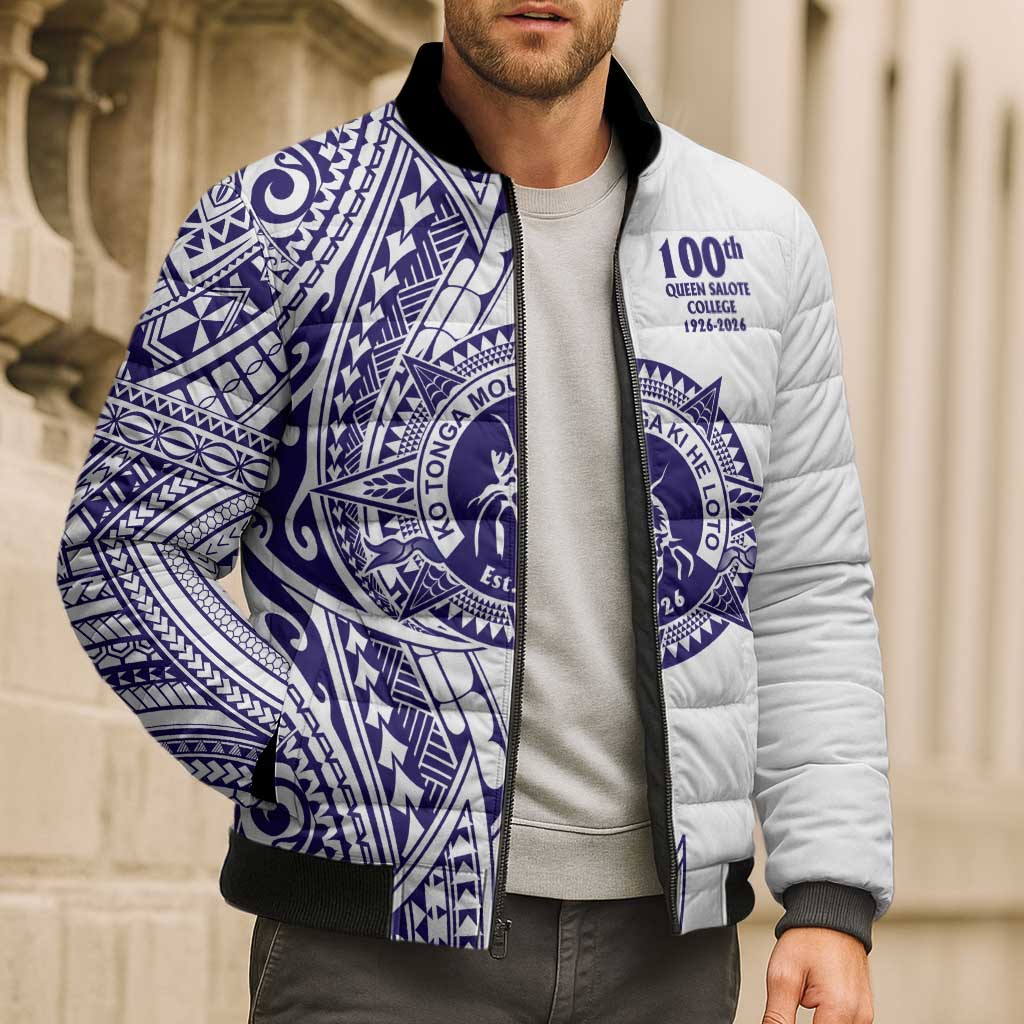 Tonga Queen Salote College 100th Years Bomber Puffer Jacket White Tonga Kupesi Uniquely Pacific Art - Polynesian Pride