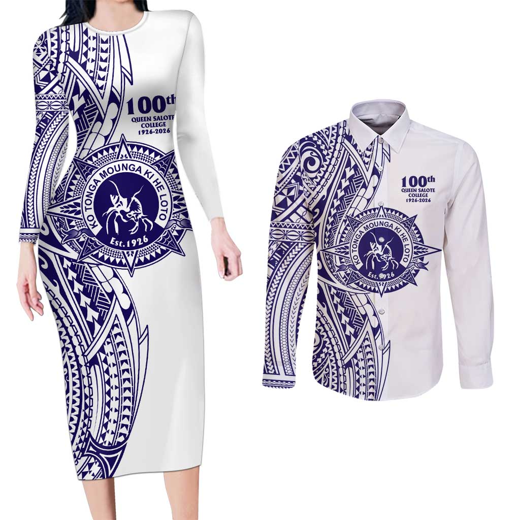 Tonga Queen Salote College 100th Years Couples Matching Long Sleeve Bodycon Dress and Long Sleeve Button Shirt White Tonga Kupesi Uniquely Pacific Art - Polynesian Pride
