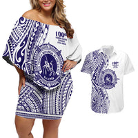 Tonga Queen Salote College 100th Years Couples Matching Off Shoulder Short Dress and Hawaiian Shirt White Tonga Kupesi Uniquely Pacific Art - Polynesian Pride