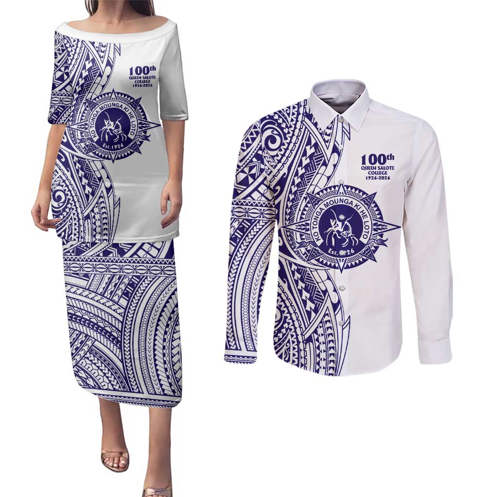 Tonga Queen Salote College 100th Years Couples Matching Puletasi and Long Sleeve Button Shirt White Tonga Kupesi Uniquely Pacific Art - Polynesian Pride