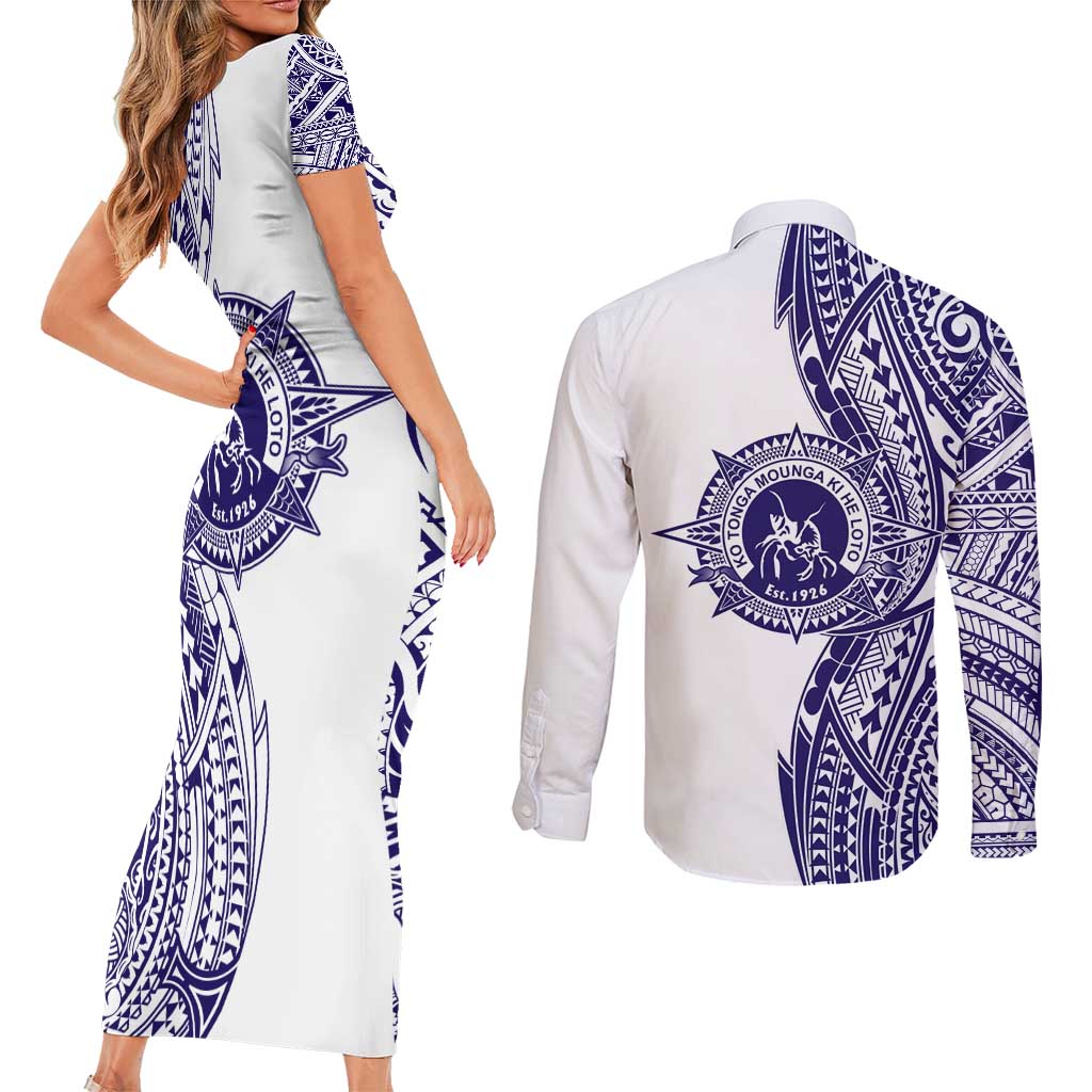Tonga Queen Salote College 100th Years Couples Matching Short Sleeve Bodycon Dress and Long Sleeve Button Shirt White Tonga Kupesi Uniquely Pacific Art - Polynesian Pride