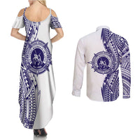 Tonga Queen Salote College 100th Years Couples Matching Summer Maxi Dress and Long Sleeve Button Shirt White Tonga Kupesi Uniquely Pacific Art - Polynesian Pride