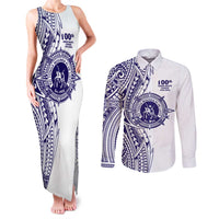 Tonga Queen Salote College 100th Years Couples Matching Tank Maxi Dress and Long Sleeve Button Shirt White Tonga Kupesi Uniquely Pacific Art - Polynesian Pride