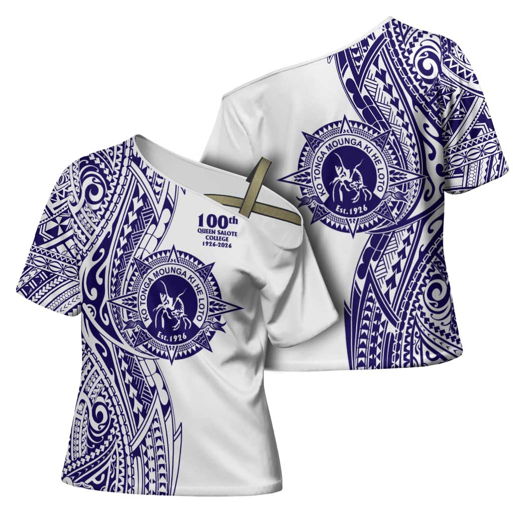Tonga Queen Salote College 100th Years Cross Shoulder Shirt White Tonga Kupesi Uniquely Pacific Art - Polynesian Pride
