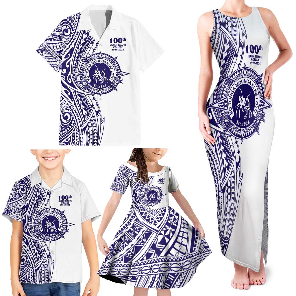Tonga Queen Salote College 100th Years Family Matching Tank Maxi Dress and Hawaiian Shirt White Tonga Kupesi Uniquely Pacific Art - Polynesian Pride