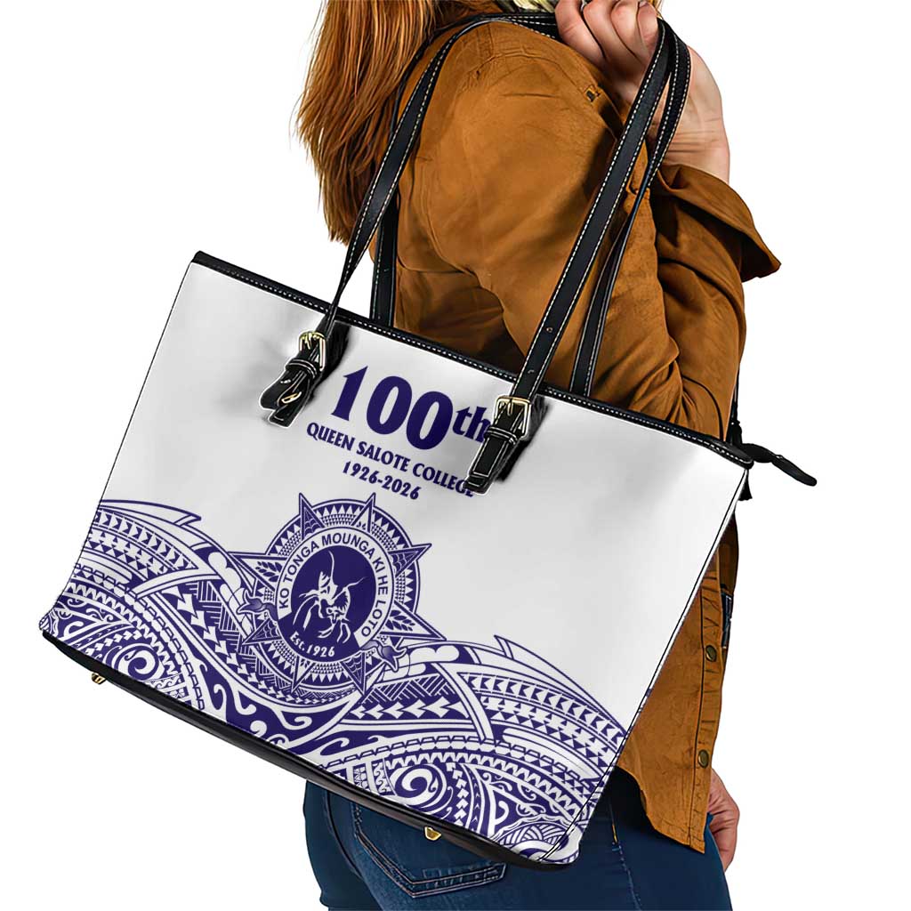 Tonga Queen Salote College 100th Years Leather Tote Bag White Tonga Kupesi Uniquely Pacific Art - Polynesian Pride