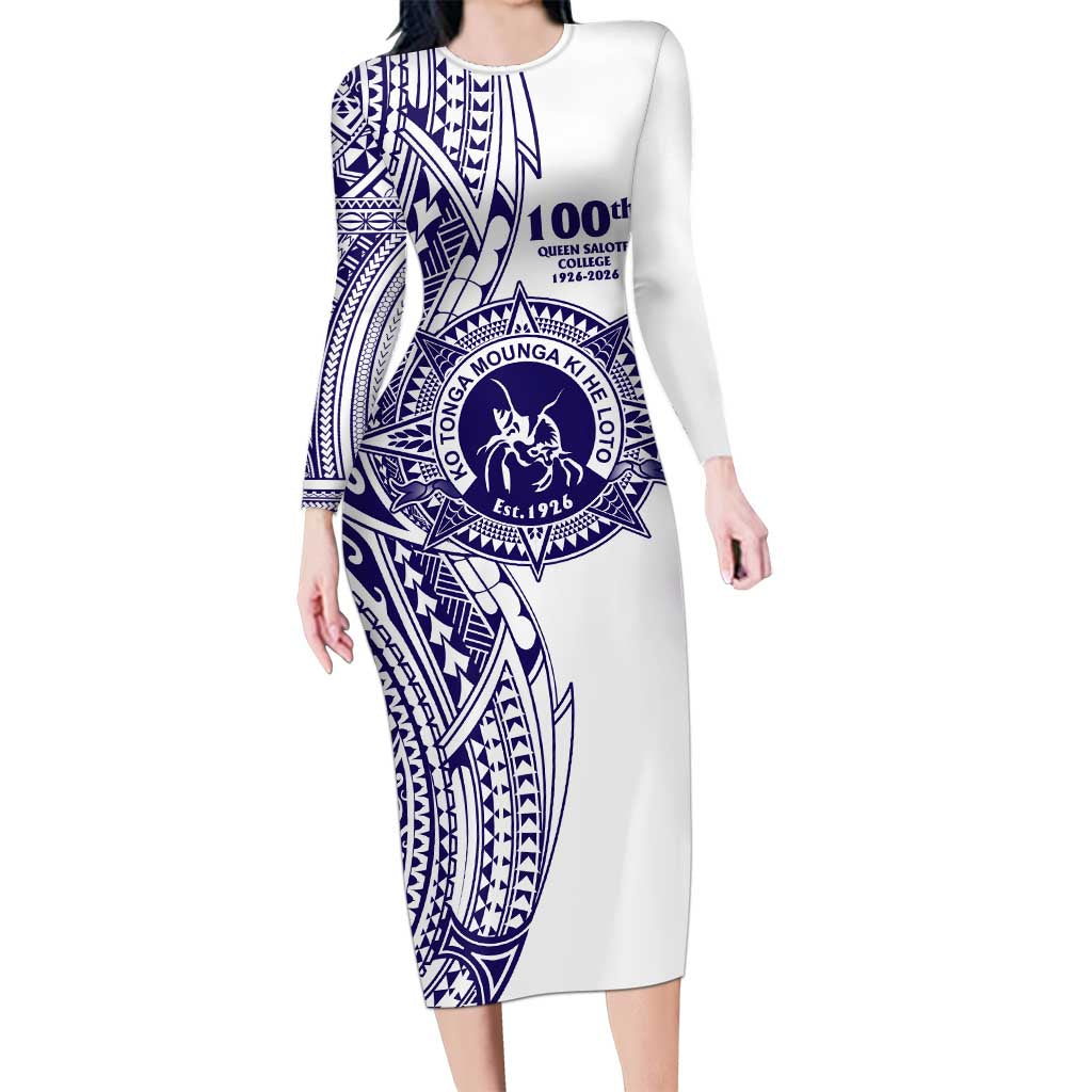 Tonga Queen Salote College 100th Years Long Sleeve Bodycon Dress White Tonga Kupesi Uniquely Pacific Art - Polynesian Pride