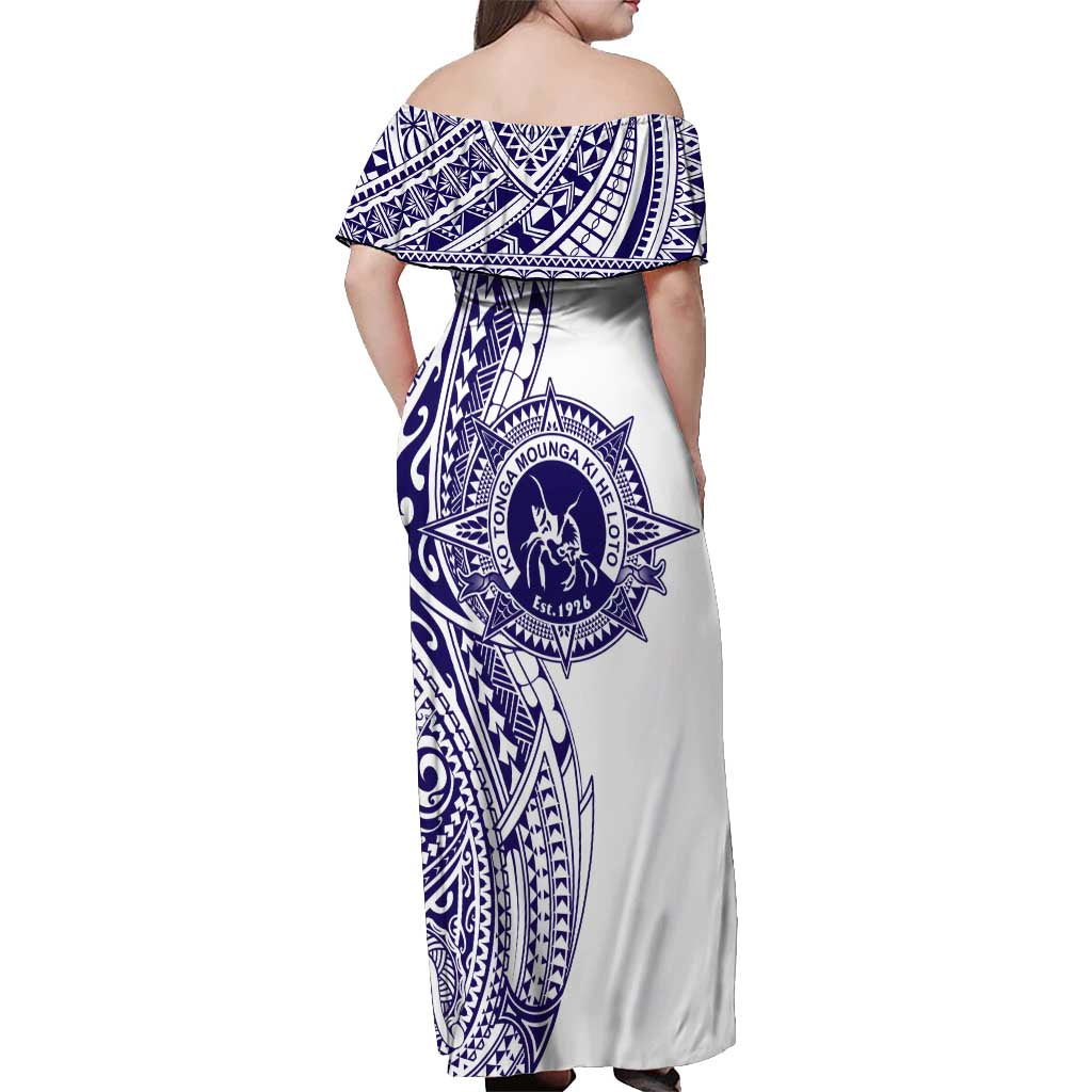 Tonga Queen Salote College 100th Years Off Shoulder Maxi Dress White Tonga Kupesi Uniquely Pacific Art - Polynesian Pride
