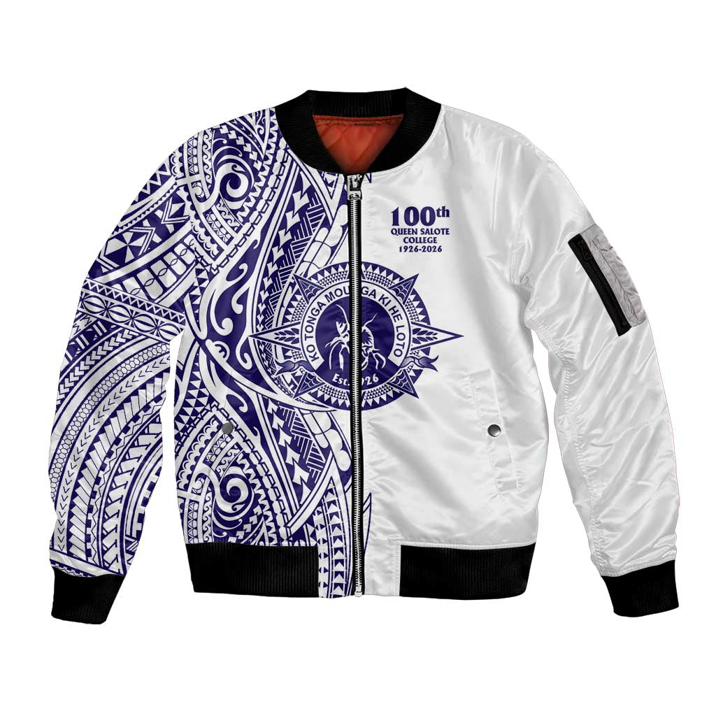 Tonga Queen Salote College 100th Years Sleeve Zip Bomber Jacket White Tonga Kupesi Uniquely Pacific Art - Polynesian Pride