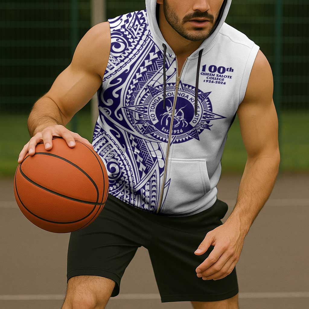 Tonga Queen Salote College 100th Years Sleeveless Zip Hoodie White Tonga Kupesi Uniquely Pacific Art - Polynesian Pride