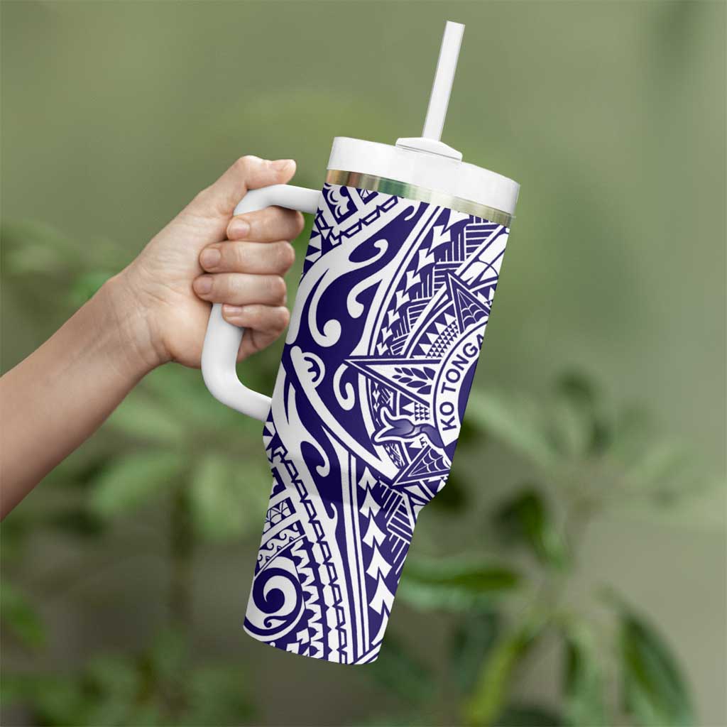 Tonga Queen Salote College 100th Years Tumbler With Handle White Tonga Kupesi Uniquely Pacific Art - Polynesian Pride