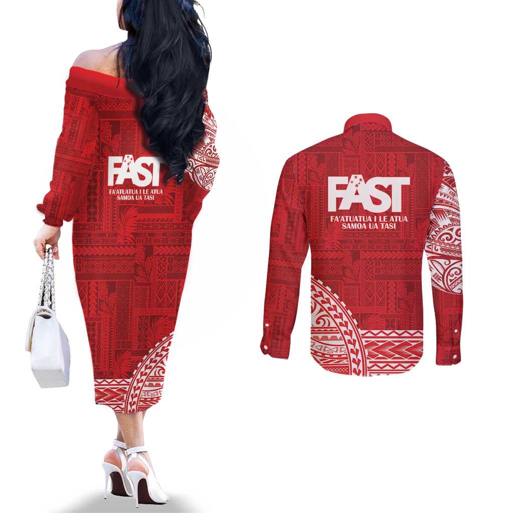 Samoa FAST Couples Matching Off The Shoulder Long Sleeve Dress and Long Sleeve Button Shirt Samoan Motif Patterns - Polynesian Pride