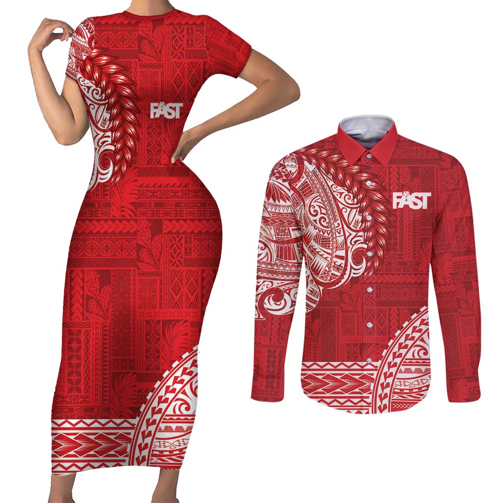 Samoa FAST Couples Matching Short Sleeve Bodycon Dress and Long Sleeve Button Shirt Samoan Motif Patterns - Polynesian Pride