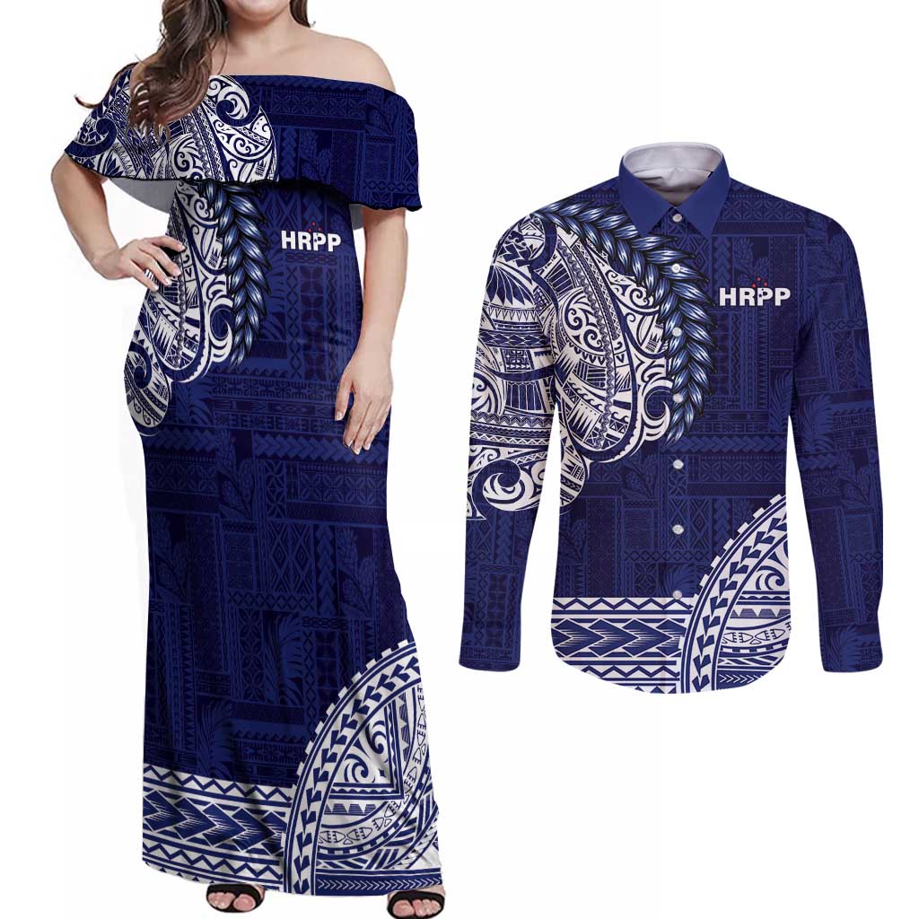 Samoa HRPP Couples Matching Off Shoulder Maxi Dress and Long Sleeve Button Shirt Samoan Motif Patterns - Polynesian Pride