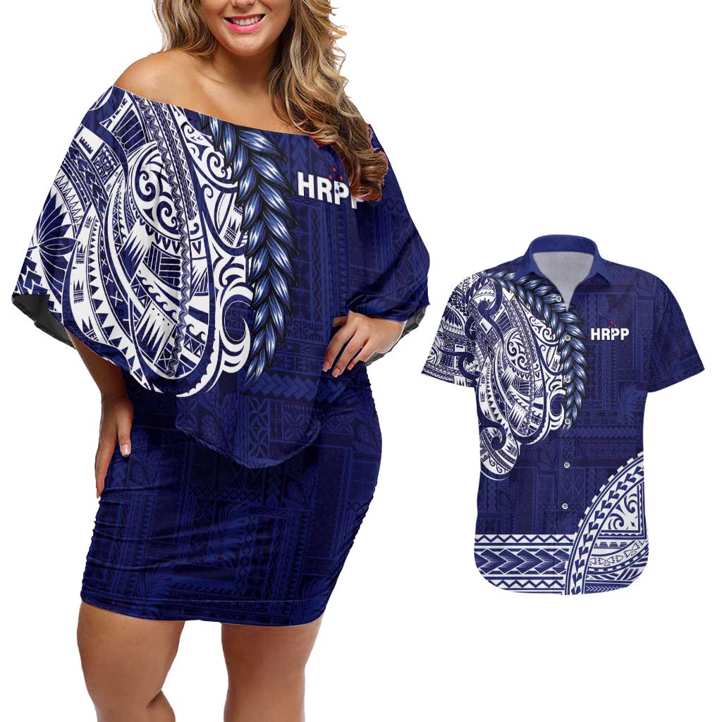 Samoa HRPP Couples Matching Off Shoulder Short Dress and Hawaiian Shirt Samoan Motif Patterns - Polynesian Pride