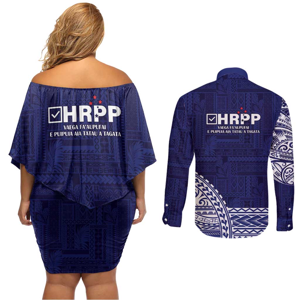 Samoa HRPP Couples Matching Off Shoulder Short Dress and Long Sleeve Button Shirt Samoan Motif Patterns - Polynesian Pride