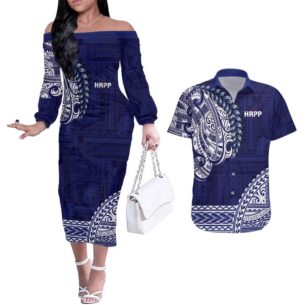 Samoa HRPP Couples Matching Off The Shoulder Long Sleeve Dress and Hawaiian Shirt Samoan Motif Patterns - Polynesian Pride