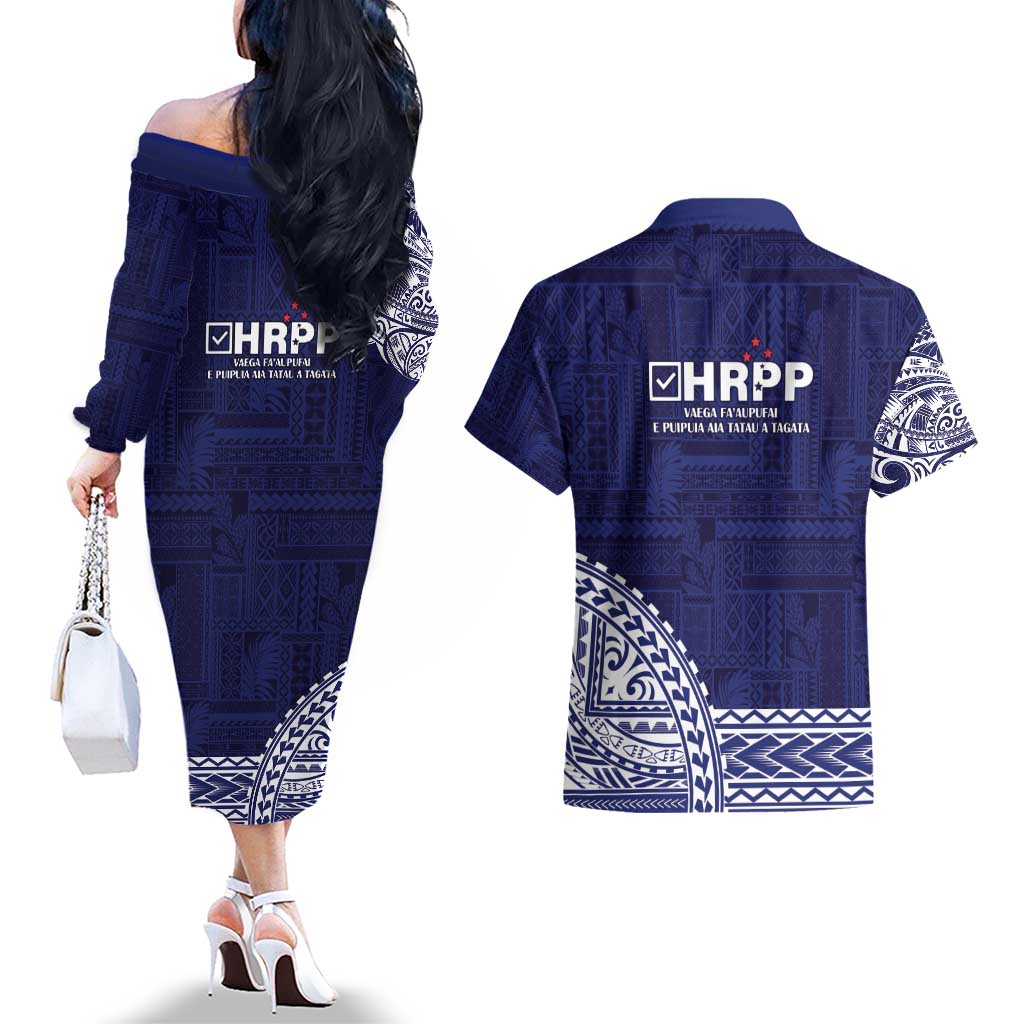 Samoa HRPP Couples Matching Off The Shoulder Long Sleeve Dress and Hawaiian Shirt Samoan Motif Patterns - Polynesian Pride