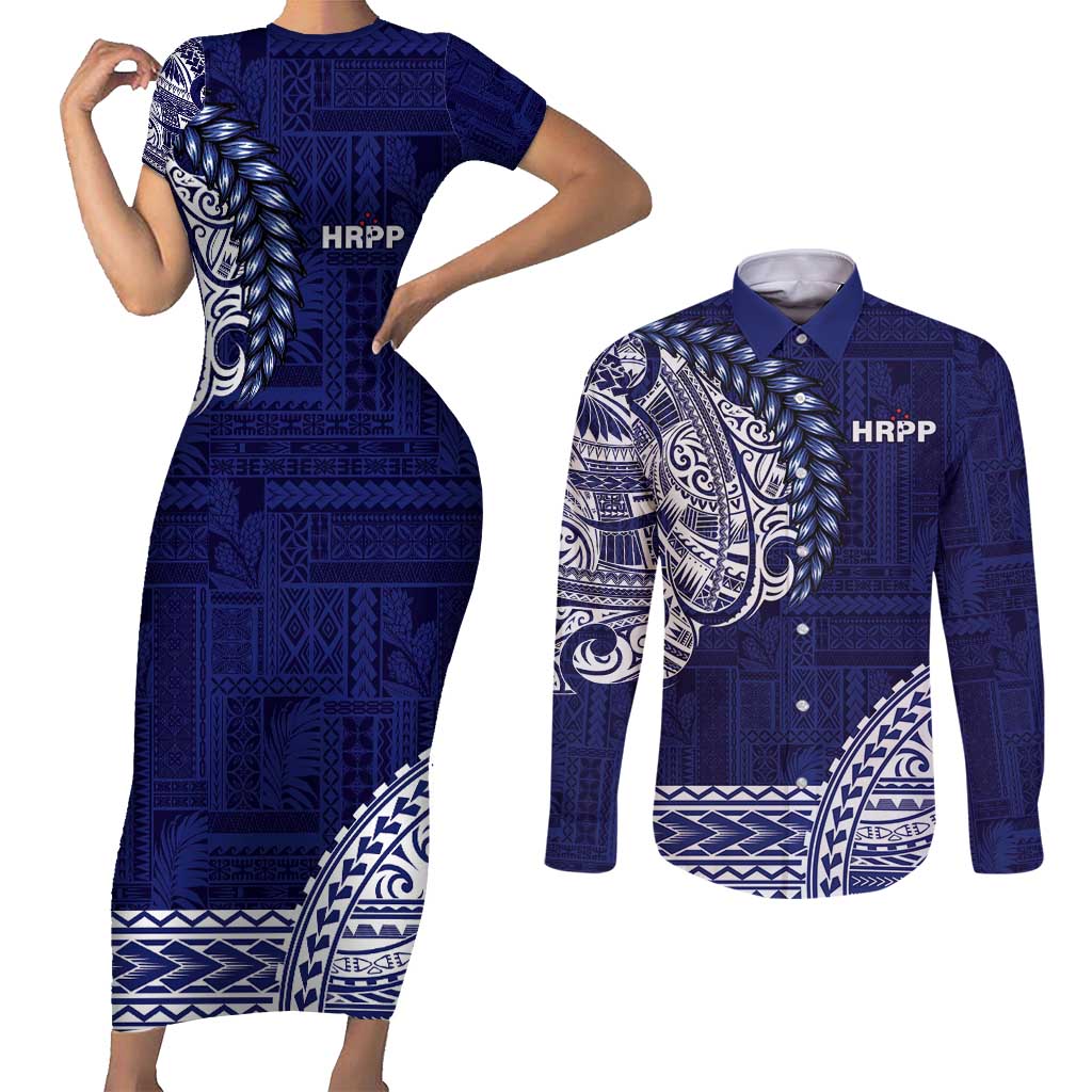 Samoa HRPP Couples Matching Short Sleeve Bodycon Dress and Long Sleeve Button Shirt Samoan Motif Patterns - Polynesian Pride