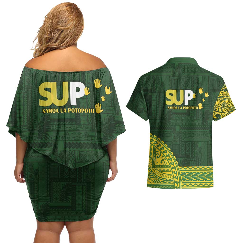 Samoa SUP Couples Matching Off Shoulder Short Dress and Hawaiian Shirt Samoan Motif Patterns - Polynesian Pride