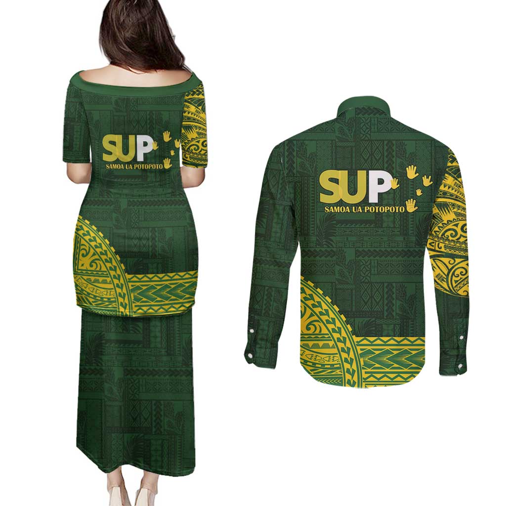 Samoa SUP Couples Matching Puletasi and Long Sleeve Button Shirt Samoan Motif Patterns - Polynesian Pride
