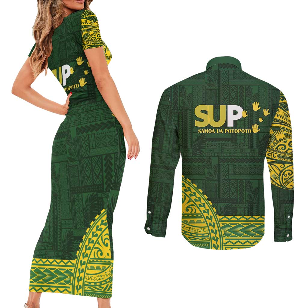 Samoa SUP Couples Matching Short Sleeve Bodycon Dress and Long Sleeve Button Shirt Samoan Motif Patterns - Polynesian Pride