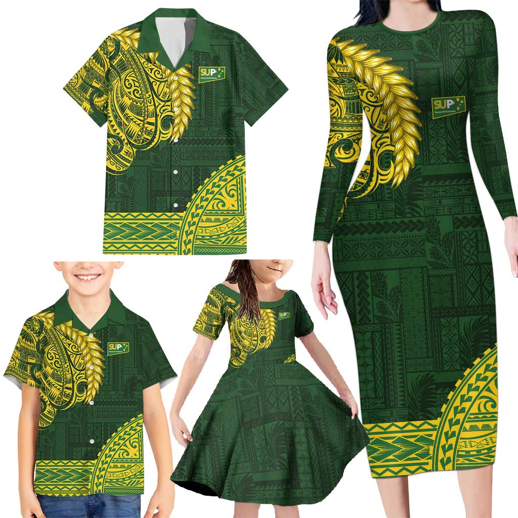 Samoa SUP Family Matching Long Sleeve Bodycon Dress and Hawaiian Shirt Samoan Motif Patterns - Polynesian Pride