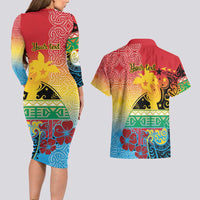 Personalised Torba PNG Day Couples Matching Long Sleeve Bodycon Dress and Hawaiian Shirt Oro Tapa Pattern - Polynesian Pride