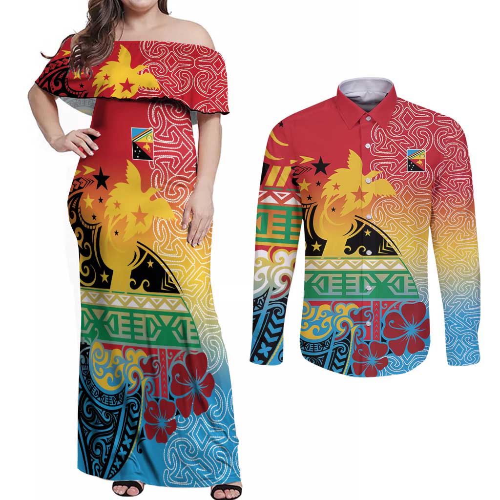 Personalised Torba PNG Day Couples Matching Off Shoulder Maxi Dress and Long Sleeve Button Shirt Oro Tapa Pattern - Polynesian Pride