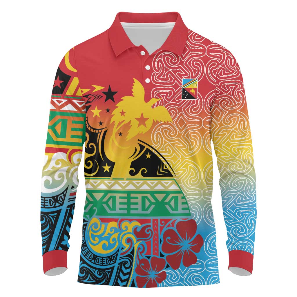 Personalised Torba PNG Day Long Sleeve Polo Shirt Oro Tapa Pattern - Polynesian Pride