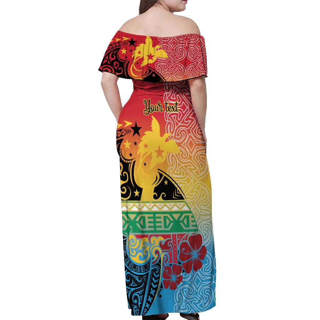 Personalised Torba PNG Day Off Shoulder Maxi Dress Oro Tapa Pattern - Polynesian Pride