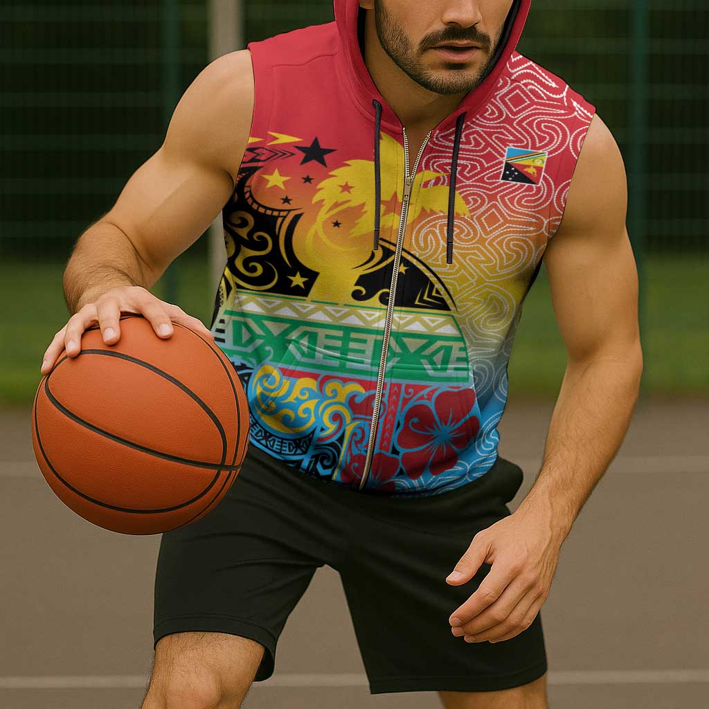 Personalised Torba PNG Day Sleeveless Zip Hoodie Oro Tapa Pattern - Polynesian Pride