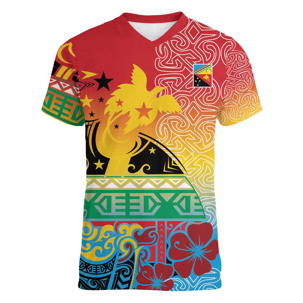 Personalised Torba PNG Day Women V-Neck T-Shirt Oro Tapa Pattern - Polynesian Pride